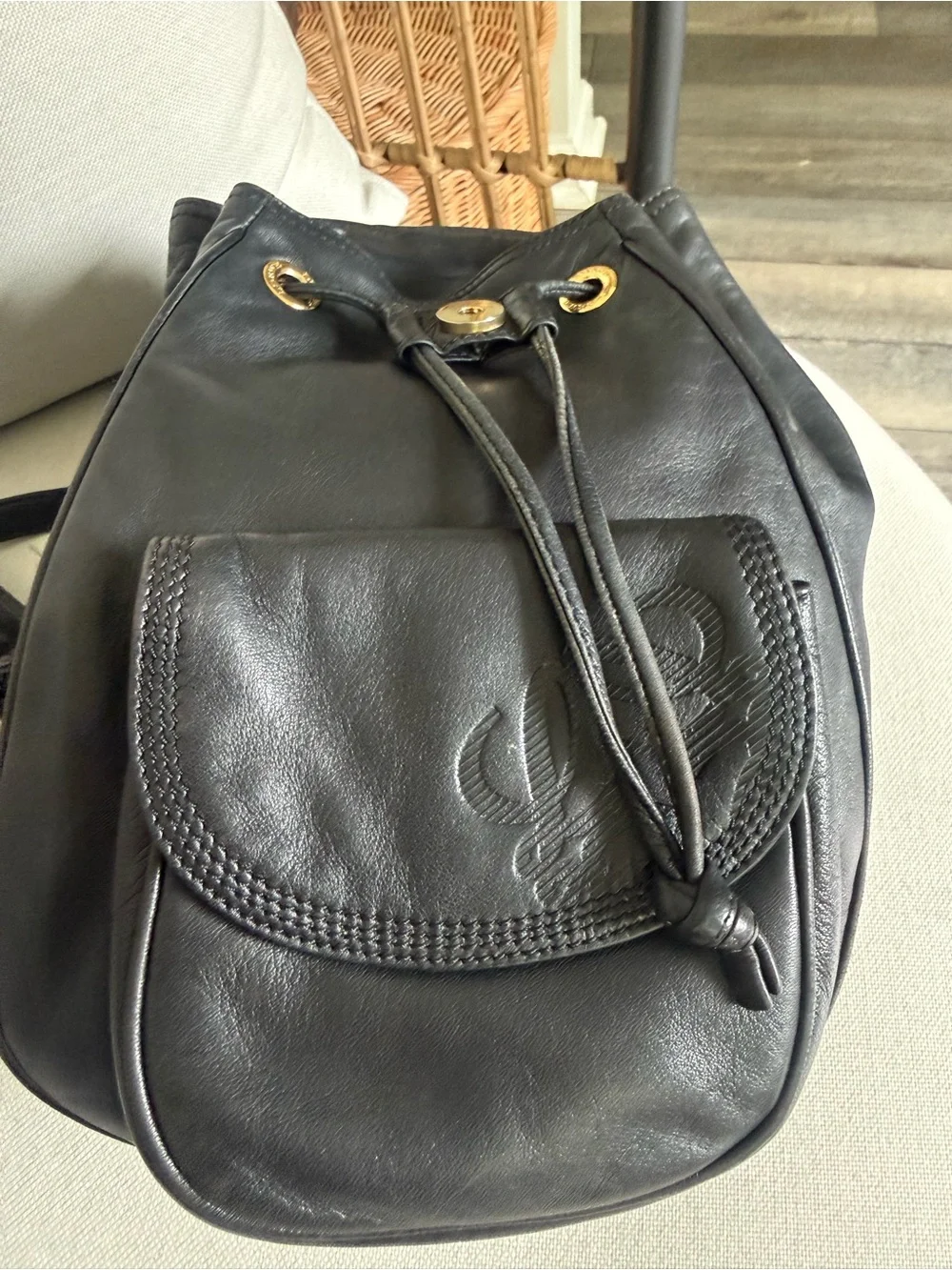 Loewe Vintage Black Nappa Leather Anagram Drawstring Backpack Made in Spain